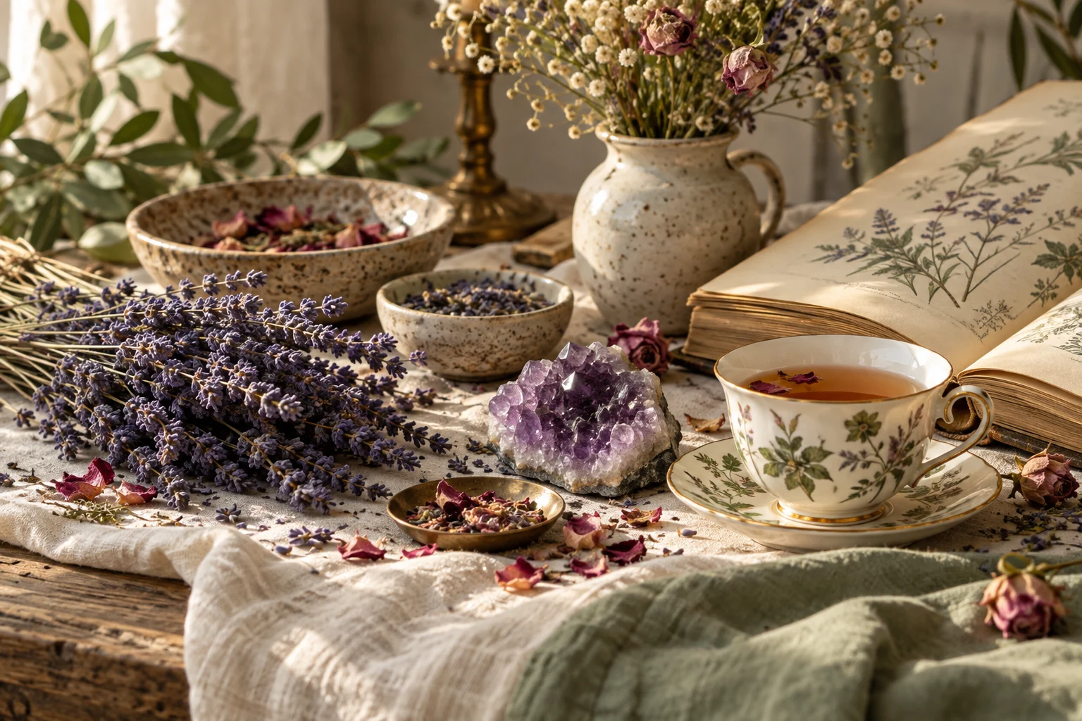 Lavanda, ametista e una tazza di tè su lino chiaro